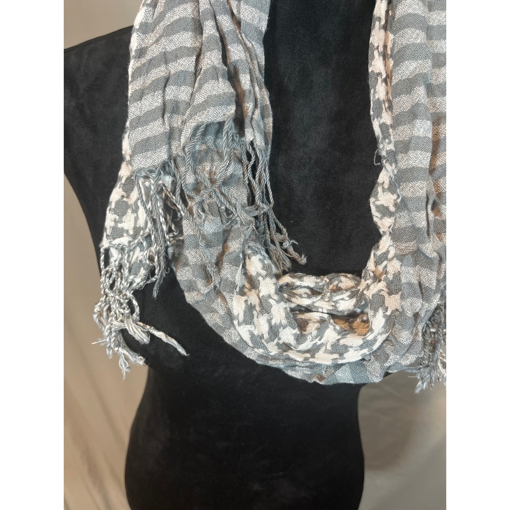 Grey White Striped Houndstooth‎ Mixed Print Lightweight Fringe Scarf Wrap - Picture 2 of 3